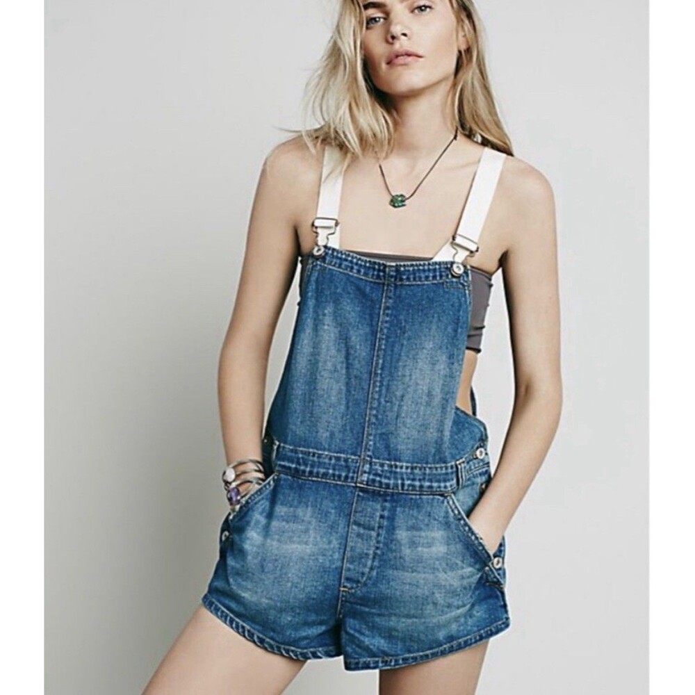 Free People Womens 26 Shortalls Medium Wash Blue Denim Overalls Canvas Straps